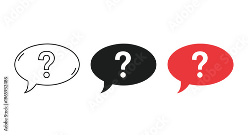Flat lay of three speech bubbles with question marks in black, white, and red on a plain white background.