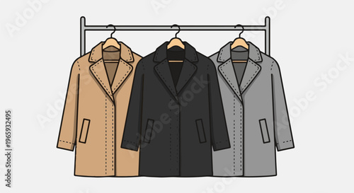 Three stylish coats in tan, black, and grey hang on a minimalist rack