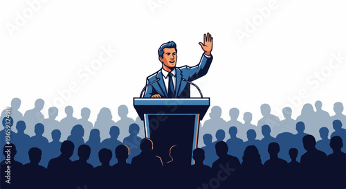 A man in a suit addresses a crowd from a podium, waving