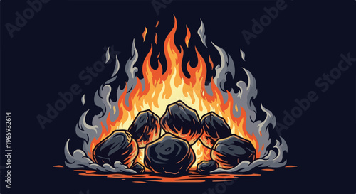 Pixel art depiction of dark coals burning brightly amidst orange flames and grey smoke