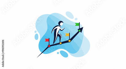 Stylized figure climbs arrow graph with flags toward a goal