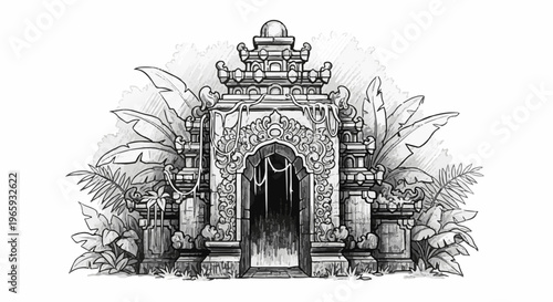 Ornate jungle temple entrance, stone archway draped with vines, lush foliage