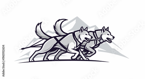 Stylized husky dogs pull sled in front of abstract mountains
