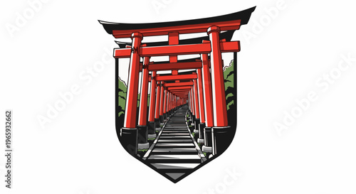 A perspective view of a tunnel of vibrant red gates, receding into a distant vanishing point