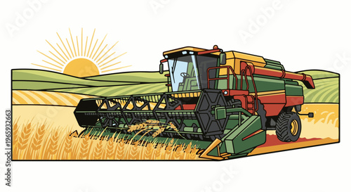 A green and red combine harvester cuts through a golden wheat field under a bright sun