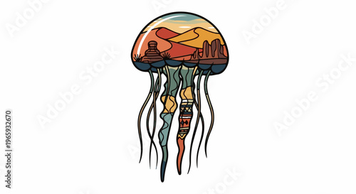 Stylized jellyfish with desert landscape inside bell and patterned tentacles