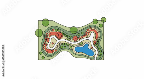 Stylized aerial view of a park design with winding paths, a pond, and green and red foliage areas