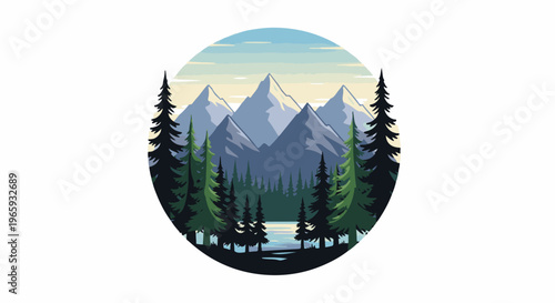 Pixelated mountain range and pine forest surrounding a tranquil lake