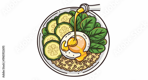 A healthy breakfast bowl with grains, spinach, zucchini slices, and a runny egg being drizzled with sauce