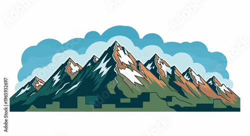 Stylized, cartoonish mountain range with snow-capped peaks, green slopes, and cloudy blue sky