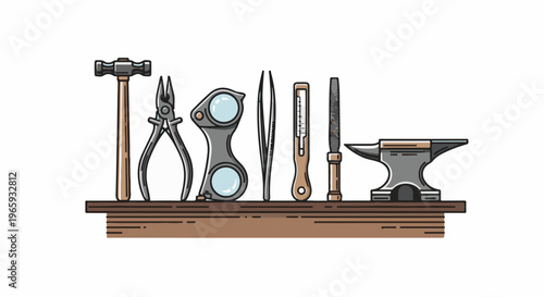 A workbench displays metalworking tools hammer, pliers, magnifier, tweezers, file, and anvil