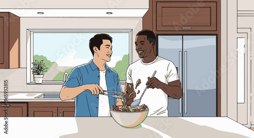 Two men happily prepare a meal together in a bright kitchen with a window view