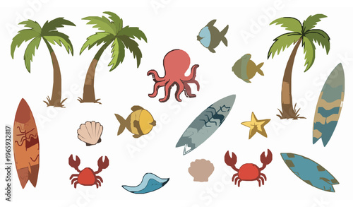 Hand drawn summer beach doodle vector with palm trees surfboards and fun sea creatures