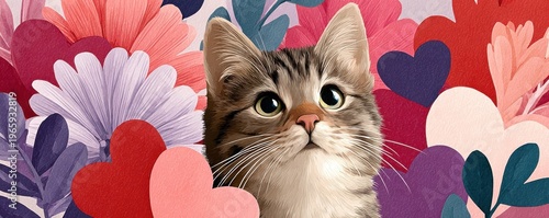 Cute fluffy kitten portrait surrounded by hearts and colorful flowers for Valentine's and love designs