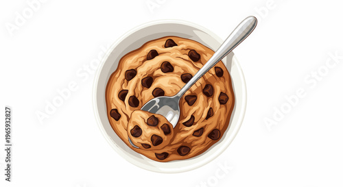 A bowl of delicious cookie dough with chocolate chips and a spoon