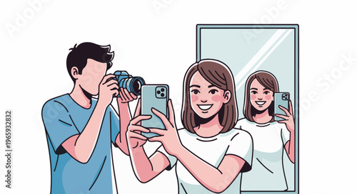 A man photographs a woman taking a selfie in a mirror