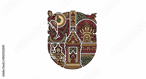 Ornate shield-like emblem with mythical creatures, figures, and architecture in bold linework and muted colors