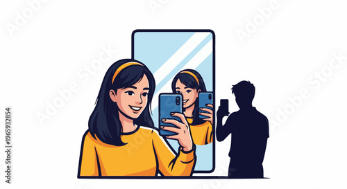 A young woman in a yellow top takes a selfie in a mirror, with a silhouetted figure behind her