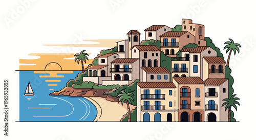 A picturesque coastal village with sandy beach, blue ocean, and a setting sun