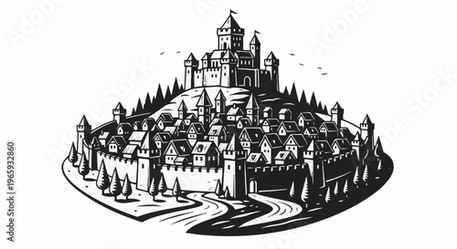 A detailed black and white illustration of a medieval fortified village nestled on a hill, with a grand castle on top