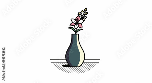 A vase holds a delicate flowering plant with pink and white petals and yellow buds