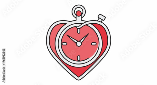 Red heart-shaped stopwatch with a clock face, white hands indicating time