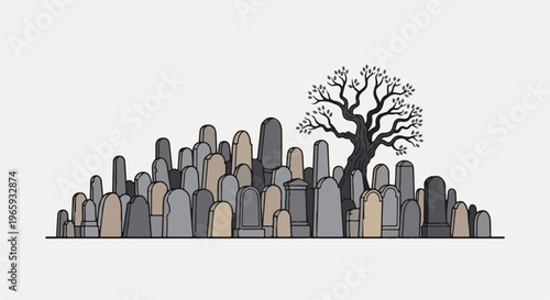 A stark, stylized graveyard scene with many tombstone shapes and a bare, gnarled tree