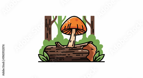 Stylized illustration of a vibrant orange mushroom growing from a mossy log amidst forest foliage
