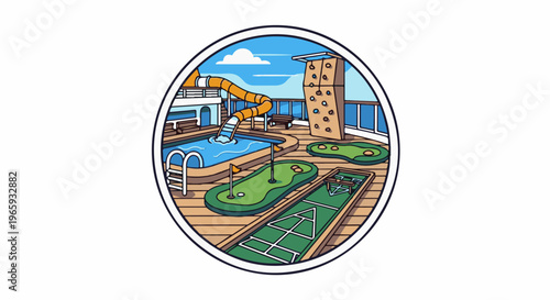 Cruise ship deck activities pool with slide, mini golf, shuffleboard, rock climbing