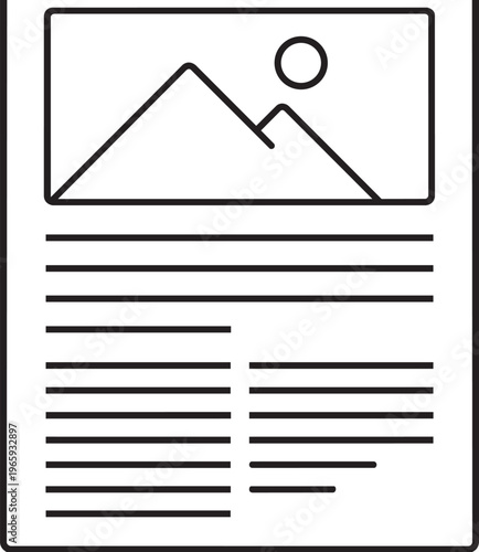 Outline vector icon of text document with picture layout representing digital multimedia blog publication concept modern ui design
