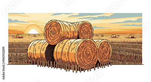 Golden hay bales stacked in a field at sunset