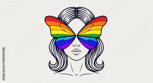 A woman's face with rainbow butterfly wings over her eyes and flowing hair
