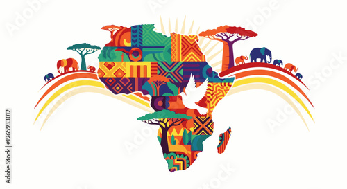 Colorful Africa map with elephants, trees, and a dove