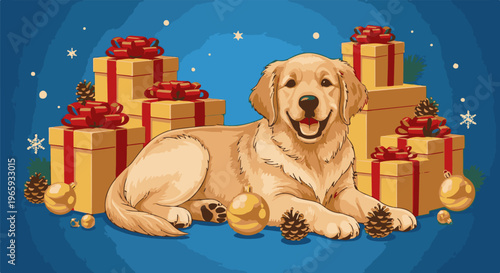 A happy golden retriever lies among gifts and festive decorations on a blue background