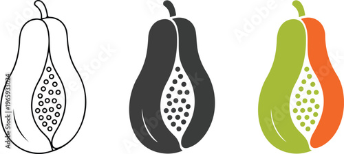 Minimalist papaya fruit vector icons set featuring outline silhouette and tropical orange color flat designs with seeds isolated on white background 