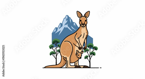 A mother kangaroo and joey stand before a mountain and eucalyptus trees