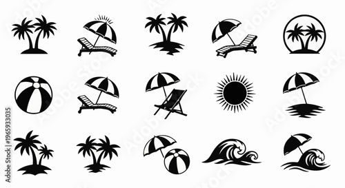 Collection of black and white icons representing a tropical beach scene with palm trees, sun, umbrellas, beach chairs, and waves