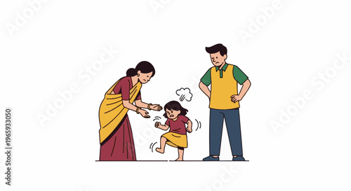 Family facing a tantrum, mother tries to calm, father looks concerned