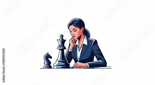 Woman in suit contemplating chess strategy with king and knight pieces