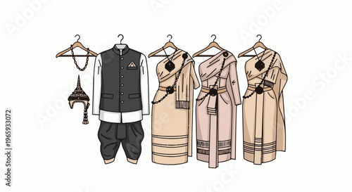 A collection of traditional attire, including a vest and trousers and three draped dresses, adorned with accessories