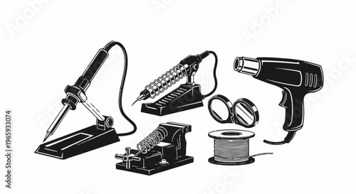 A collection of electronic repair tools, including soldering irons, vise, and heat gun