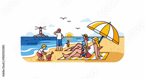 A family enjoys a sunny day at the beach with a lighthouse in the distance and a child building a sandcastle