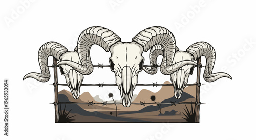 Three ram skulls mounted on a barbed wire fence in a desert landscape