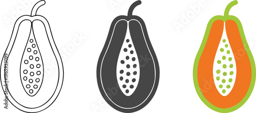 Minimalist papaya fruit vector icons set featuring outline silhouette and tropical orange color flat designs with seeds isolated on white background 