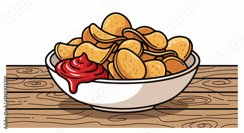 A bowl overflowing with crunchy potato chips, served with a dollop of bright red tomato dip on a wooden surface
