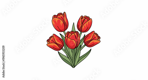 A bouquet of five vibrant red and orange tulips with green leaves