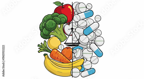 A visual contrast of healthy food and medical pills, symbolized by a balanced scale