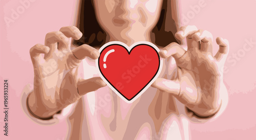 A person holds a bright red heart with white highlights between their hands
