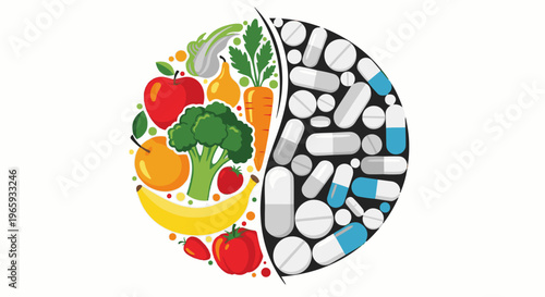 Vibrant circle divided, fresh produce on one side, pills and capsules on the other