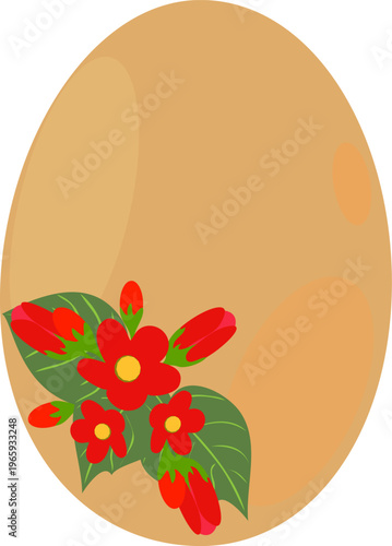 Easter egg vector isolated on transparent background. Beige egg with red flowers and green leaves pattern. Traditional spring holiday design element, floral egg icon for stickers